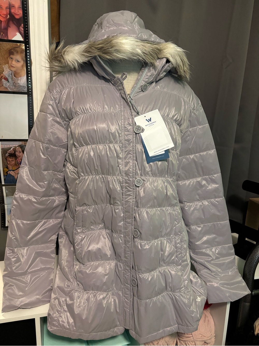 White Sierra Light Lavender Puffer Coat with Faux Fur Trim Hood